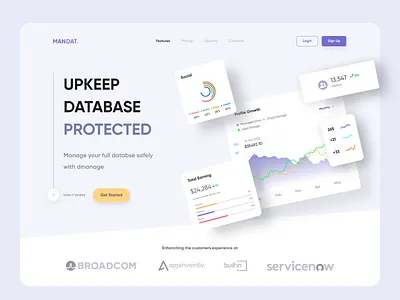 MANDAT. || Data Management Landing Page cards clean data database design features finder hero illustration landing management product page server service software solution system ui ux website