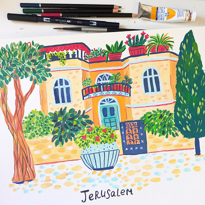 Building in Jerusalem art building drawing gouache hand drawn illustration map illustration painting