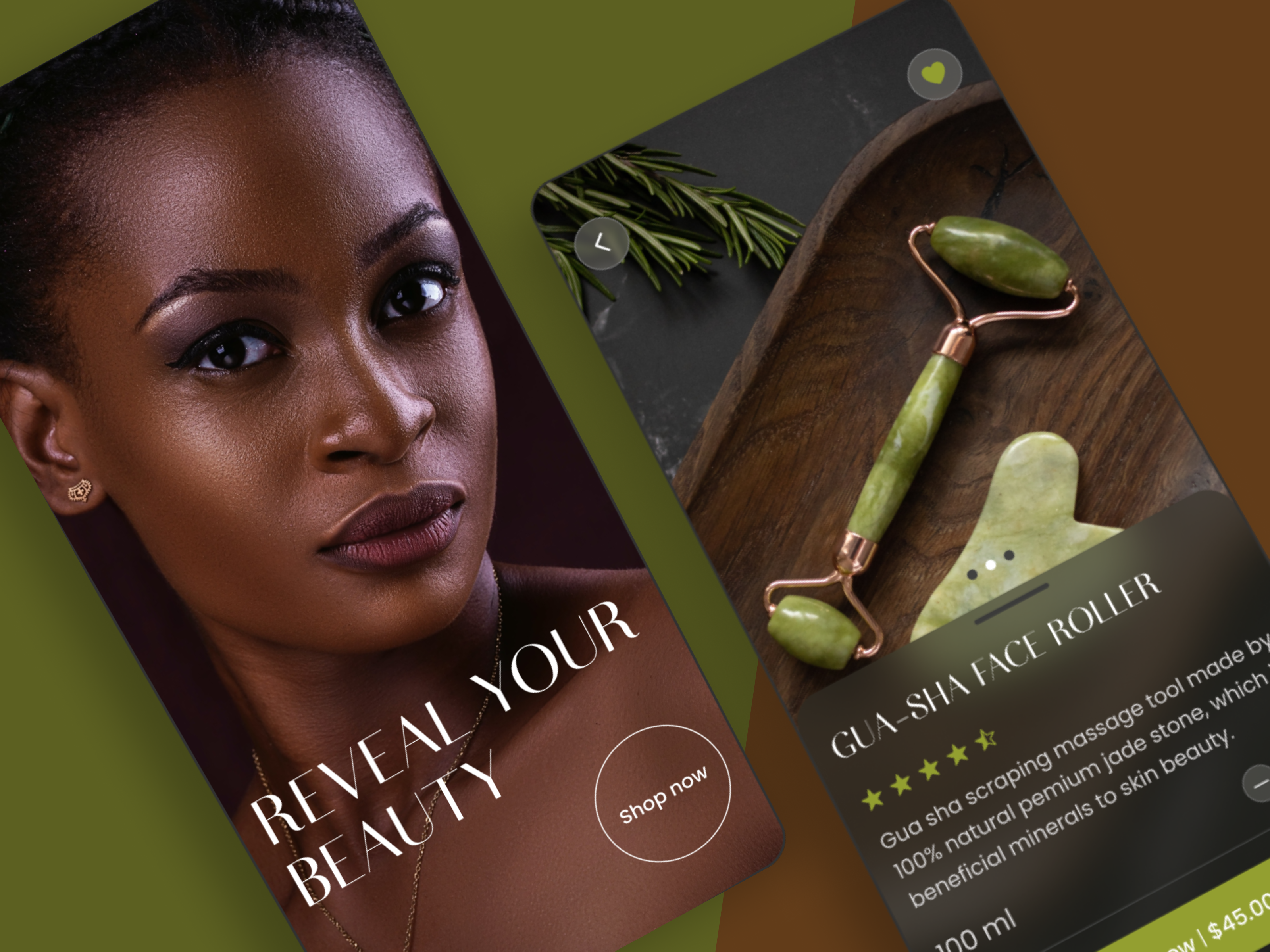 Beauty Online Store Concept app design beauty beauty salon branding face graphic design green gua sha ios massage natural online store photo reveal your beauty roller ui web design
