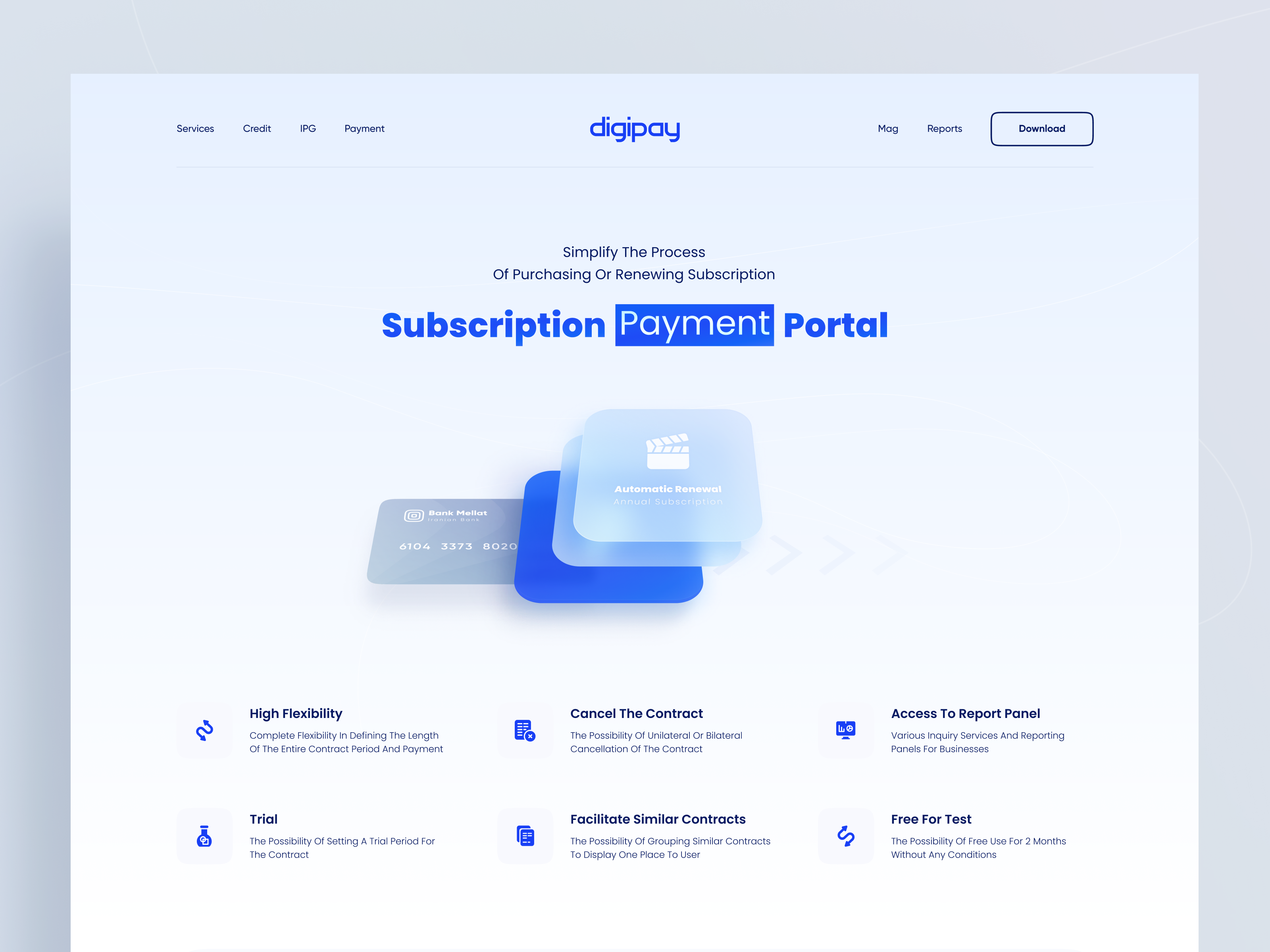 Digipay - Landing Page - Subscription Payment art artwork bank blue blue design card to card design digikala digipay finctech glass design icon landing page minimal page payment subscription ui design ux wallet
