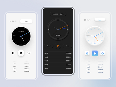 ⏱️ UI Versions for Stopwatch Design alarm app ui app black colors creative dark design illustration ios ios ui light minimal mobile mobile ui neumorphism stopwatch time app trending ui white