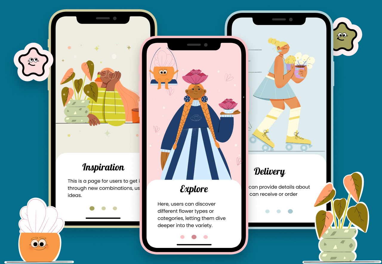 Floral App Characters app branding character design cute illustration design figma floral art freelance illustrator graphic design illustration sticker design stickers ui ui design ux vector web design