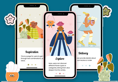 Floral App Characters app branding character design cute illustration design figma floral art freelance illustrator graphic design illustration sticker design stickers ui ui design ux vector web design