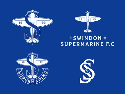 Swindon Supermarine FC - Brand Toolkit aircraft blue branding crest football futbol icon illustration logo mark negative space plane ribbon roundel shield soccer spitfire sport sport design type