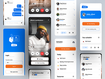 ZOOM — Video call app redesign app blue call chat contacts design flat media meeting minimalism mobile orange redesign screens social ui ux video white zoom