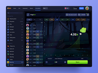 1Bet – Supplier's game page bet betting betting platform dice gambling game design game ui poker product design slots table games uiux win