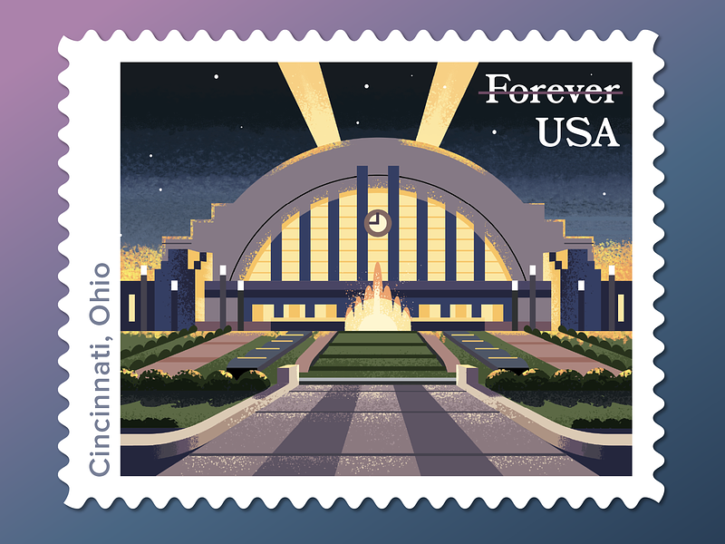 USPS Stamps: Union Terminal animation design down the street down the street designs dts dts designs illustration mail stamp usps