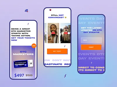 Responsive Website Design for DTC Marketing Conference 3d conference dribbble dtc e commerce email figma form graphic design landing page marketing mobile orange responsive design reviews tickets violet webdesign
