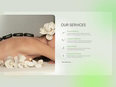 Services for Yoga & Health Company ⋆ Glassmorphism advantage e commerce glass gradient green health light massage meditation minimalist relax services transparent trend ui ux web design website white woman