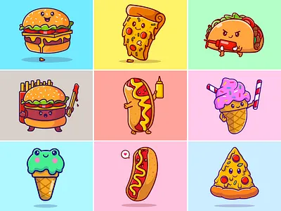 Fast Toon Character🍔🌭🍕 beef bread burger cartoon character cute eating face fast food fast toon character food hotdog ice cream icon illustration logo mascot pizza snack taco