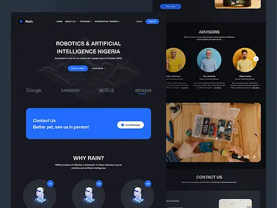 Landing Page - RAIN Website ai artificial intelligence dailyui darkmode design landing page mobile mobile app productdesign rain robotics ui uidesign uiux ux ux design uxrecuiters uxui web design website