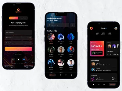 Spinfire- Promote Music animation app application design audio clean design clean u dark ui darkmode figma graphic design mobile app music music app player product ui ui design