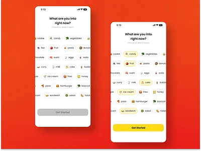 Topic Selection - UI Design Eating Companion application choose topics clean design design drink eat eat with eating companion food mobileapp select selection topic selection topics ui