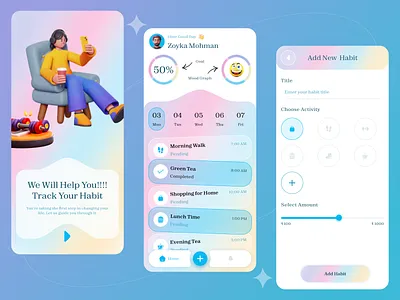Habit Tracker 3d app creative design fitness glass goals gradient health illustration moods motivation routine ui ux vector workout