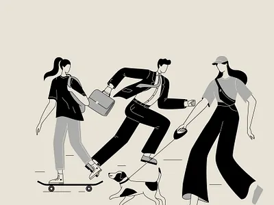 Scurry art black and white challenge characters design dog editorial illustration flat illustration illustrator inktober old film people scurry skate board vector