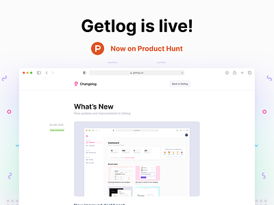 Getlog is on ProductHunt buildinpublic changelog producthunt ui web app