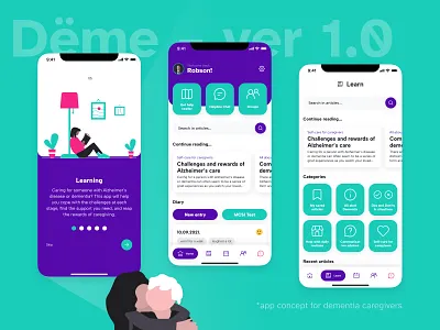Dëme – app concept for Dementia Caregivers alzheimer app design caregiving caring concept dashboard dementia education health app health care healthcare layout learning medical mobile mobile app onboarding product design ui uiux