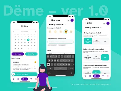 Dëme – app concept for Dementia Caregivers alzheimer app design calendar caregiving caring concept dementia diary education health app health care healthcare layout learning medical mobile mobile app product design ui uiux