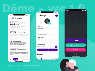 Dëme – app concept for Dementia Caregivers alzheimer app design articles caregiving caring concept dementia education get help health app health care healthcare helpline layout mobile mobile app product design settings ui uxui