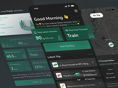 Tracco Dark Mode - Track Your Transportation Carbon Emission 🚘 app app design application button card clean dark mode glassmorphism green illustration mobile design navbar product design transportation tree ui uiux user experience user interface visual design