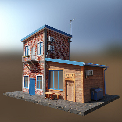 3D House with Coffee Shop 3d 3d art 3d house 3d modeling arhitecture b3d blender blender3d city coffee concept design home house illustration island street stylize sun