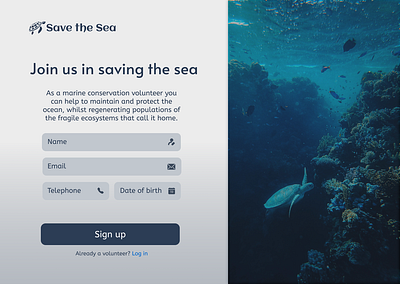 Sign up page for marine conservation volunteer ui