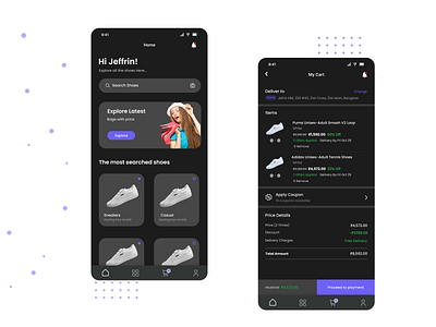 Shoe shopping app - Dark mode app design branding dark mode design illustration logo shoe app shopping app ui ui design ux