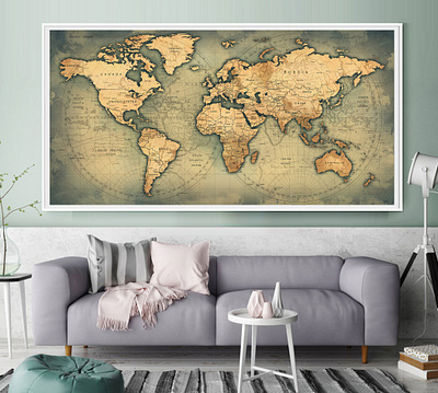 World Map Wall Art Push Pin Poster Decorative Scroll Map