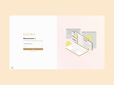Login screen for Cortex campaign dashboard adtech campaign design illustration login screen web design
