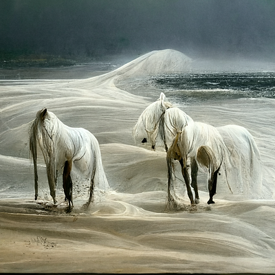 Wild white horses at the beach ai art digital marcodetomaso midjourney