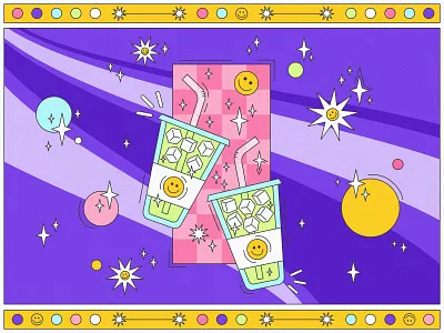 iced matcha 2d illustration 80s coffee collage colorful cute drinks flat design flat illustration food illustration line matcha retro saturated smile stars summer vector art vector illustration