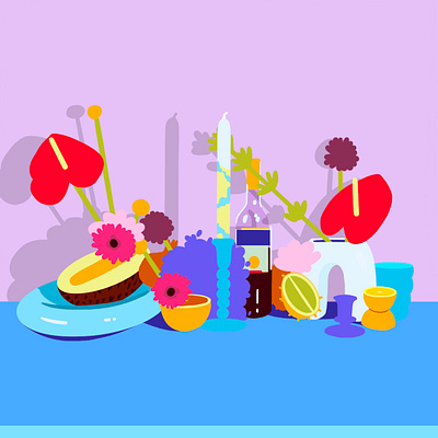 🌸🕯🍊🍋 bright candles citrus colour floral flowers fruit illustration still life table vase
