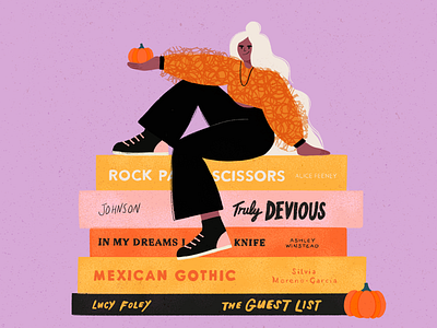 spooky season reads digital illustration female female reading girl halloween halloween books illustration pumpkin reading reading list spooky spooky season texture