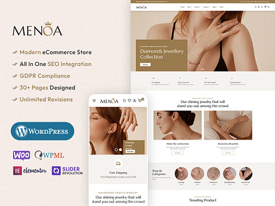 Menoa - Complete Jewelry & Imitation eCommerce Store Development apparels branding design ecommerce ecommerce development elementor graphic design illustration jewelry menoa online store ui woocommerce wordpress