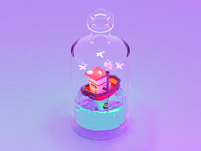 3D Design: Tugboat inside a glass bottle 3d 3d art 3d art work 3d boat 3d design 3d fantasy decor 3d micro design abstract art bottle colorful creative glass bottle inside of bottle micro boat micro design purple palette small tugboat tugboat tugboat design vibrant