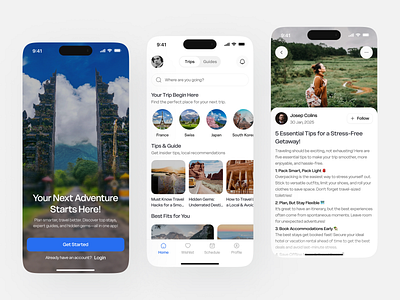 Travel Mobile App app article cards clean design feed fireart guide plan travel ui ux