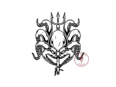 Illustration of octopus with poseidon trident. halloween illustration monster octopus procreate t shirt print trident