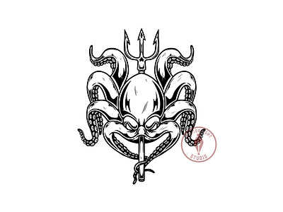 Illustration of octopus with poseidon trident. halloween illustration monster octopus procreate t shirt print trident