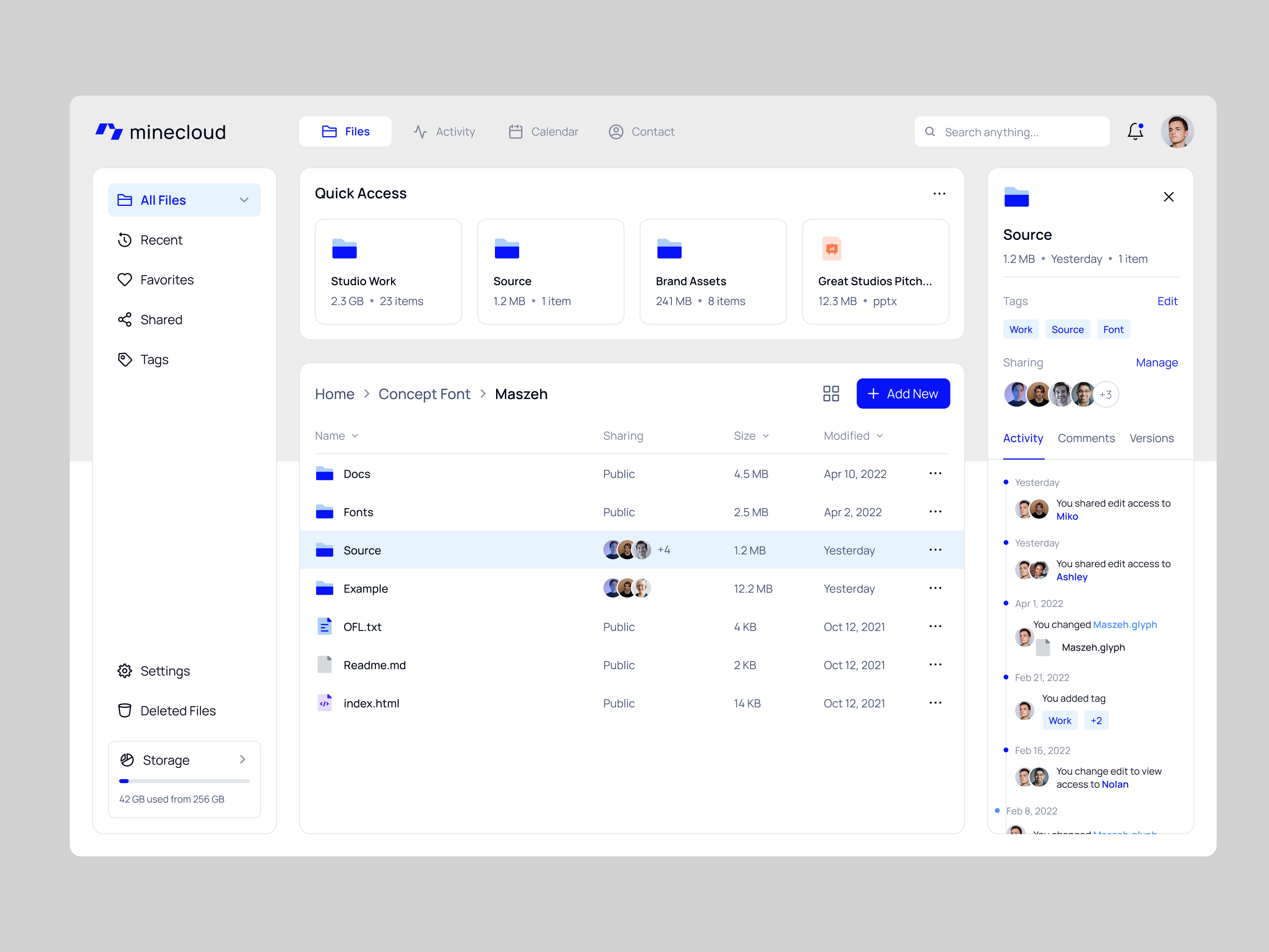 Example of Minecloud - cloud storage dashboard