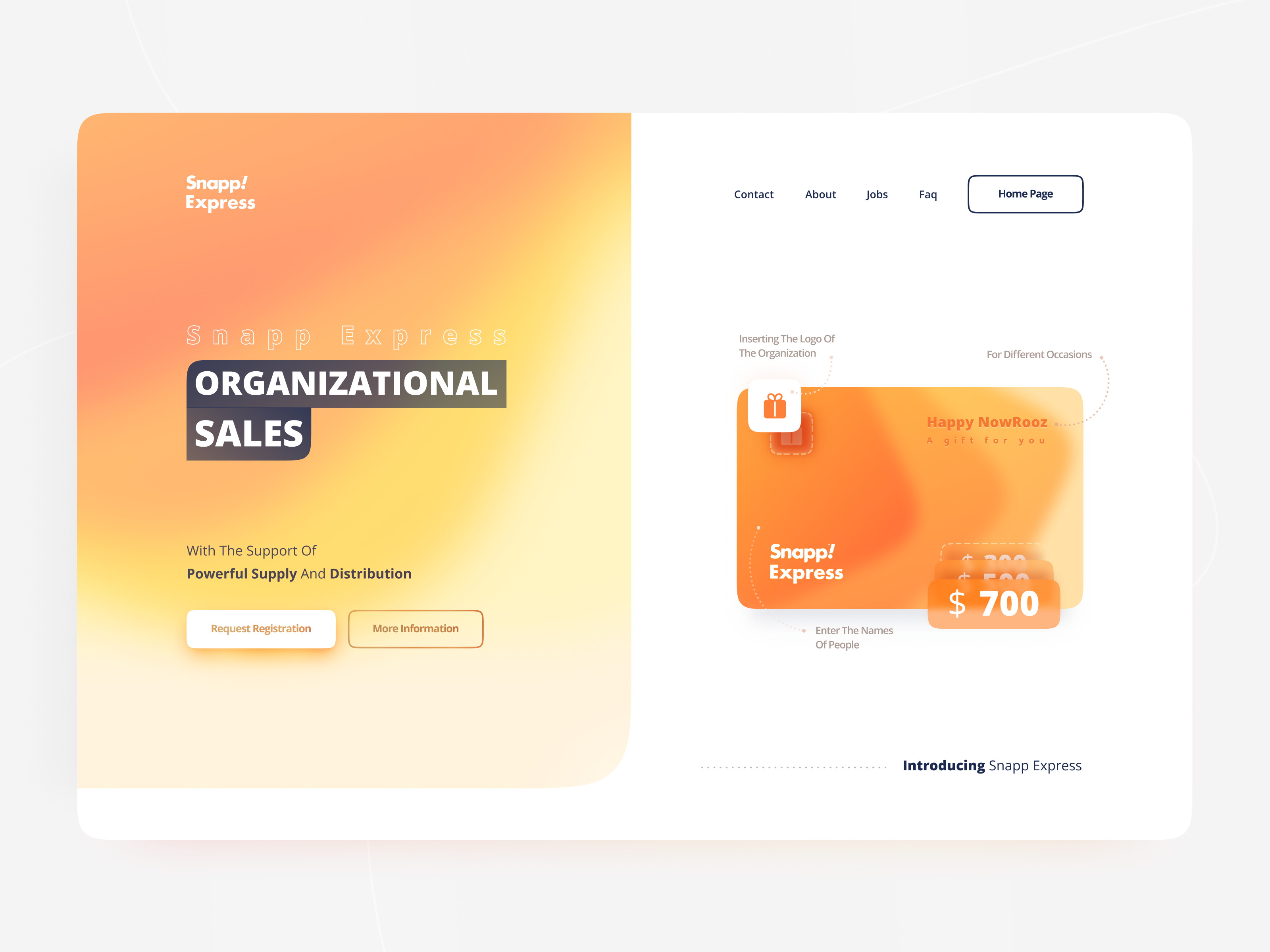 SnappExpress - Landing Page - Organizational Sales artwork card card artwork card design design discount fmcg illustration landing page minimal orange organizational organs sales snapp snappexpress ui voucher