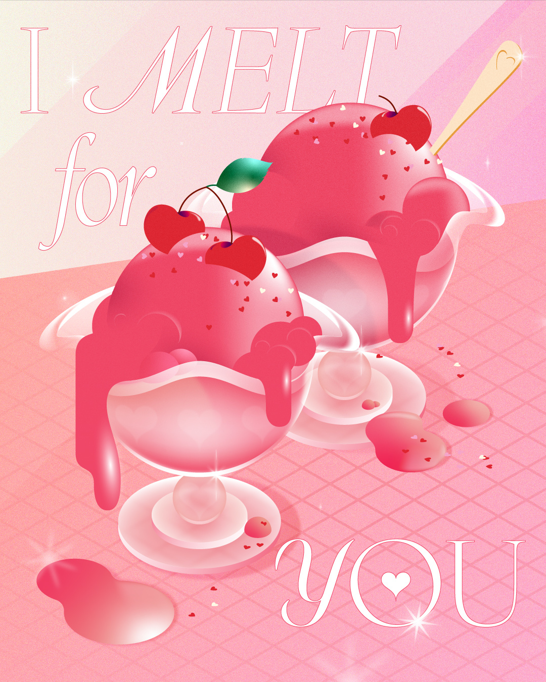 I melt for you cherry design dessert ice cream illustration pink poster valentines vector