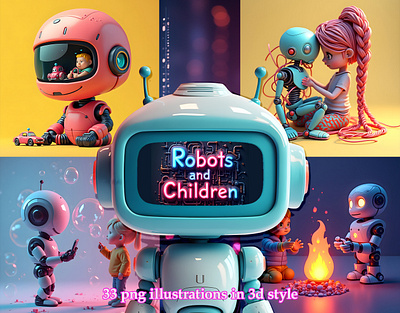 Robots and children illustrations set 3d branding design futurekids graphic design illustration