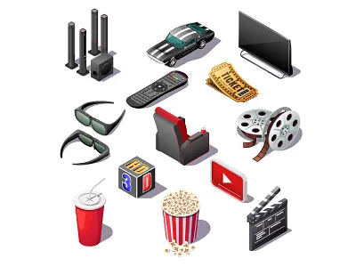 set isometric home 3d cinema 3d 4d cinema concept design graphic design home icon illustration isometric lowpoly popcorn vector