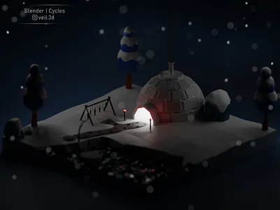 Igloo Isometric Night Version 3d Render 3d 3d illlustration 3d render cold design ice igloo isometric low poly polar bear