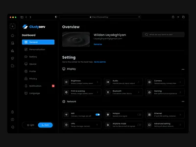 Clustyserv - Dark setting app component dashboard integrations setting settings settings page system ui ux web web app web app settings