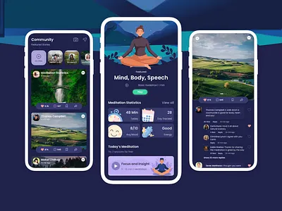 Meditation based social media app Dark Version app meditation mobile app ui