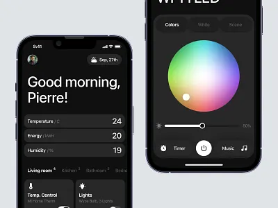 Eaxy - Smart Home Mobile App Dark app color wheel dark design home automation mobile remote control smart device smart home smart light ui ux