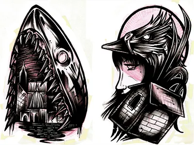 Shark City X The Outside Home analogue artwork branding design drawing illustration ink inking linework logo pencil print sketch tattoo art tattoo design traditional