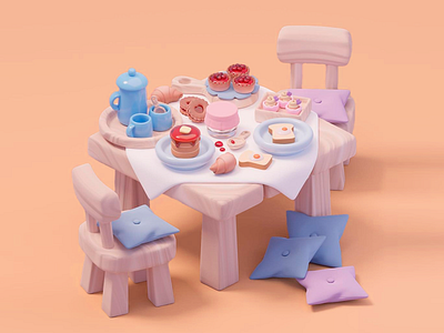 Breakfast Table - Micro Living 3D 3d 3d art 3d art work 3d breakfast model 3d design 3d model 3d render breakfast breakfast details breakfast table clean clean design furniture micro micro 3d design micro living pink furniture table details warm warm colors