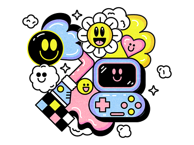 Gamer Doodle blue color fun happy illustration pink vector yellow